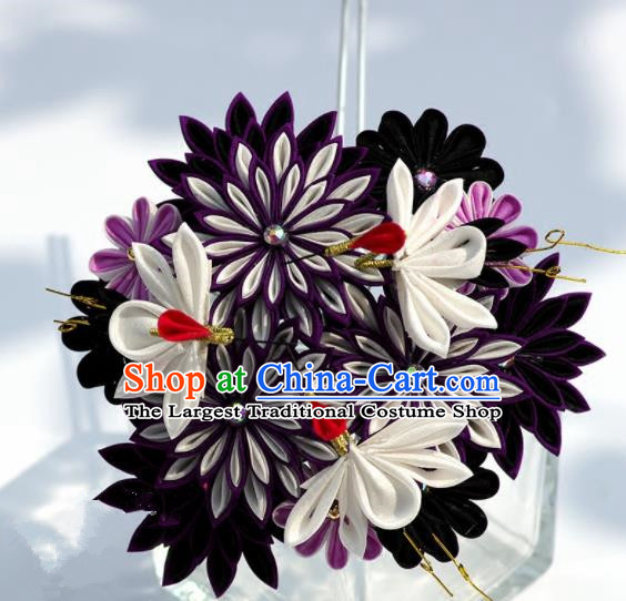 Japanese Geisha Kimono Purple Chrysanthemum Crane Hairpins Traditional Yamato Hair Accessories for Women