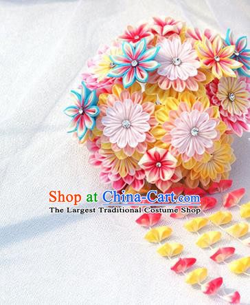 Japanese Geisha Kimono Yellow Chrysanthemum Tassel Hairpins Traditional Yamato Hair Accessories for Women