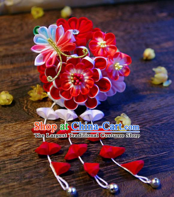 Japanese Geisha Kimono Red Peony Butterfly Tassel Hairpins Traditional Yamato Hair Accessories for Women