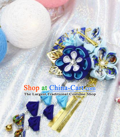 Japanese Geisha Kimono Blue Sakura Bells Tassel Hair Claw Hairpins Traditional Yamato Hair Accessories for Women
