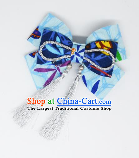 Japanese Geisha Oiran Kimono Light Blue Bowknot Tassel Hair Claw Hairpins Traditional Yamato Hair Accessories for Women