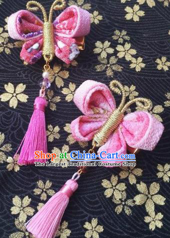 Japanese Geisha Courtesan Kimono Pink Butterfly Tassel Hair Claw Hairpins Traditional Yamato Hair Accessories for Women