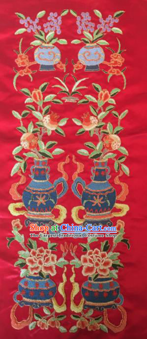 Chinese Handmade Embroidered Flowers Vase Red Silk Fabric Patch Traditional Embroidery Craft