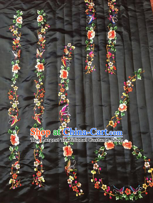 Chinese Handmade Embroidered Peony Black Silk Fabric Patch Traditional Embroidery Craft