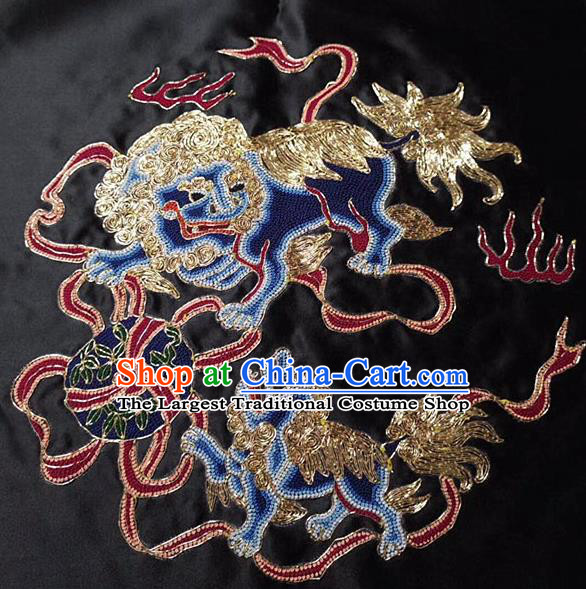 Chinese Handmade Embroidered Lions Black Silk Fabric Patch Traditional Embroidery Craft