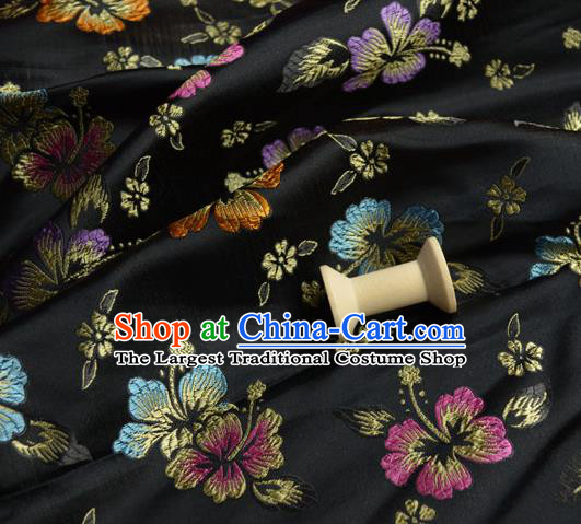 Traditional Chinese Royal Phalaenopsis Flower Pattern Design Black Brocade Silk Fabric Asian Satin Material