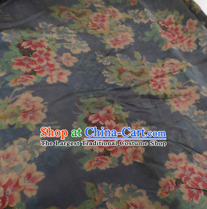 Traditional Chinese Royal Peach Flowers Pattern Design Navy Brocade Silk Fabric Asian Satin Material