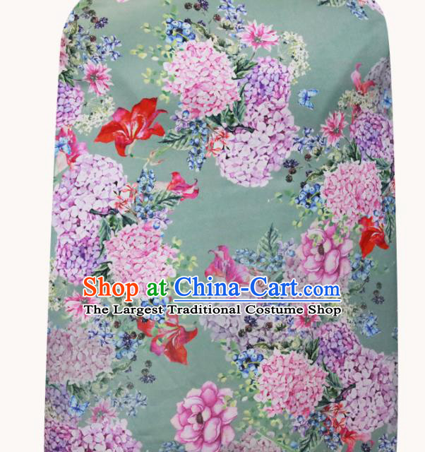 Chinese Traditional Hydrangea Pattern Design Green Satin Brocade Fabric Asian Silk Material