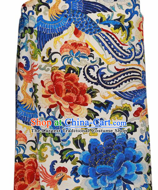 Chinese Traditional Phoenix Peony Pattern Design Wedding White Satin Brocade Fabric Asian Silk Material