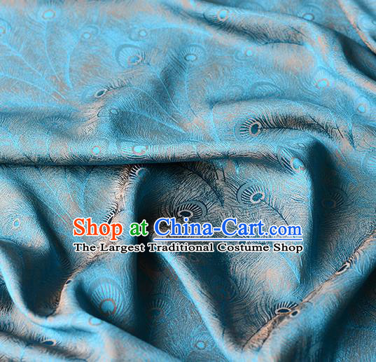 Chinese Traditional Feather Pattern Design Cheongsam Blue Satin Brocade Fabric Asian Silk Material