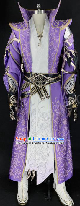 Chinese Ancient Drama Cosplay Young Knight Prince Purple Clothing Traditional Hanfu Swordsman Costume for Men