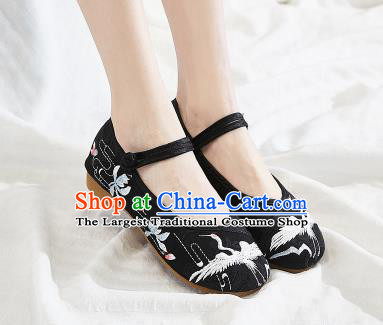 Asian Chinese Traditional Embroidered Crane Black Shoes Hanfu Shoes National Cloth Shoes for Women