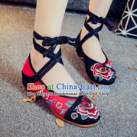 Asian Chinese Traditional Red Embroidered Peony Shoes Hanfu Wedding Shoes Ethnic National Cloth Shoes for Women