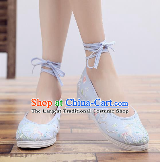 Asian Chinese Classical Dance Embroidered Deer Blue Shoes Traditional Hanfu Shoes National Cloth Shoes for Women