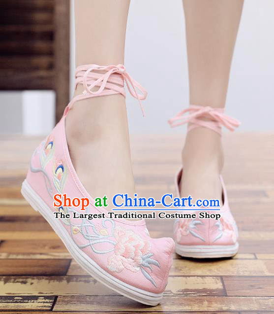 Asian Chinese National Dance Pink Cloth Shoes Embroidered Peony Shoes Traditional Hanfu Shoes for Women