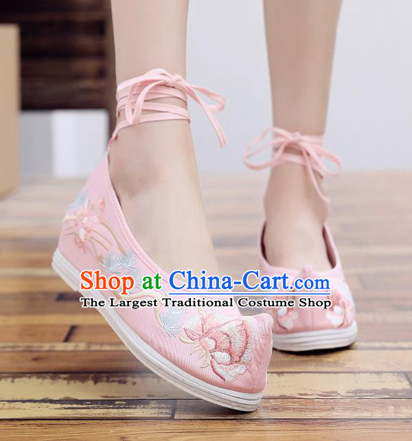 Asian Chinese National Pink Embroidered Peony Shoes Dance Cloth Shoes Traditional Hanfu Shoes for Women