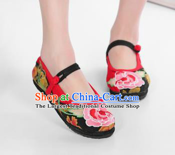 Asian Chinese National Embroidered Peony Red Cloth Shoes Classical Dance Shoes Traditional Hanfu Shoes for Women