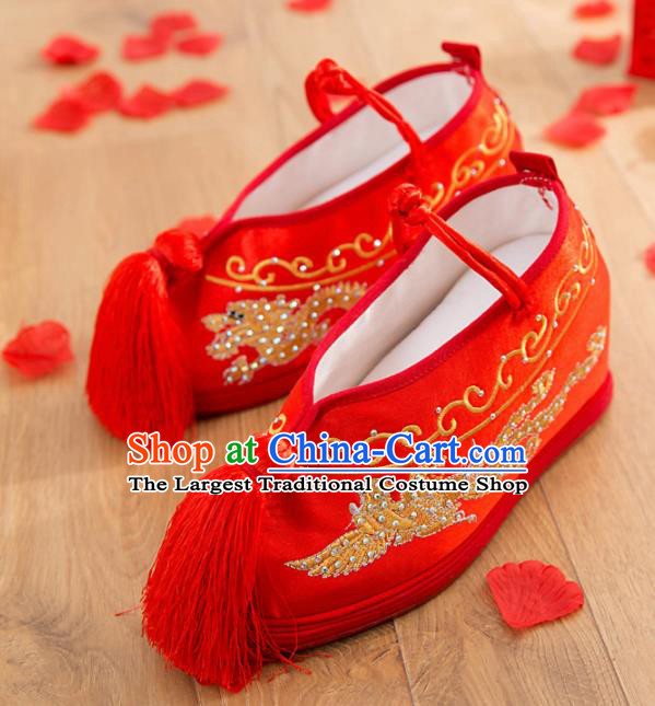 Asian Chinese Wedding Red Embroidered Phoenix Shoes Ancient Princess Shoes Traditional Hanfu Shoes for Women