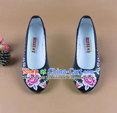 Asian Chinese National Black Embroidered Peony Shoes Ancient Princess Satin Shoes Traditional Hanfu Shoes for Women