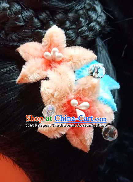 Chinese Ancient Qing Dynasty Court Orange Velvet Peach Flowers Hairpins Traditional Hanfu Handmade Hair Accessories for Women