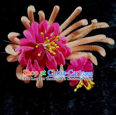 Chinese Ancient Qing Dynasty Rosy Velvet Chrysanthemum Hairpins Traditional Court Hanfu Hair Accessories for Women