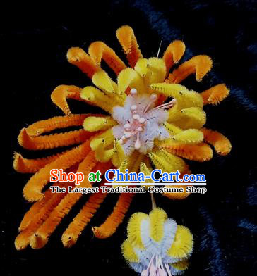 Chinese Handmade Qing Dynasty Orange Velvet Chrysanthemum Hairpins Traditional Ancient Court Hanfu Hair Accessories for Women