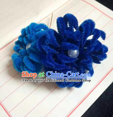 Chinese Ancient Court Royalblue Velvet Chrysanthemum Hairpins Traditional Hanfu Handmade Hair Accessories for Women