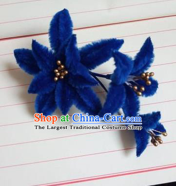 Chinese Ancient Court Royalblue Velvet Lily Flowers Hairpins Traditional Hanfu Handmade Hair Accessories for Women
