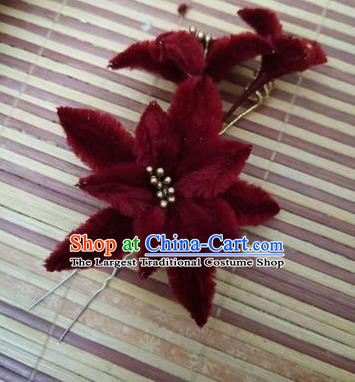 Chinese Ancient Court Wine Red Velvet Lily Flowers Hairpins Traditional Hanfu Handmade Hair Accessories for Women