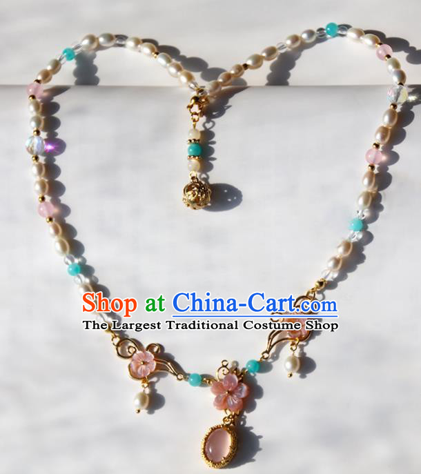 Chinese Ancient Court Pink Flower Pearls Necklace Traditional Princess Hanfu Wedding Accessories for Women