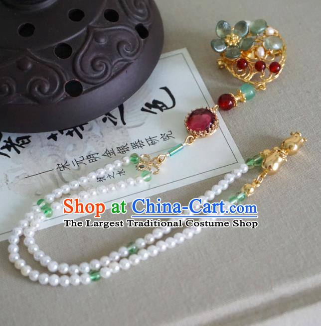 Chinese Ancient Court Pearls Tassel Brooch Traditional Princess Hanfu Breastpin Accessories for Women