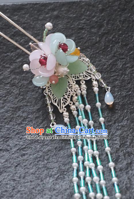 Chinese Ancient Princess Blue Beads Tassel Hairpins Traditional Handmade Hanfu Hair Accessories for Women