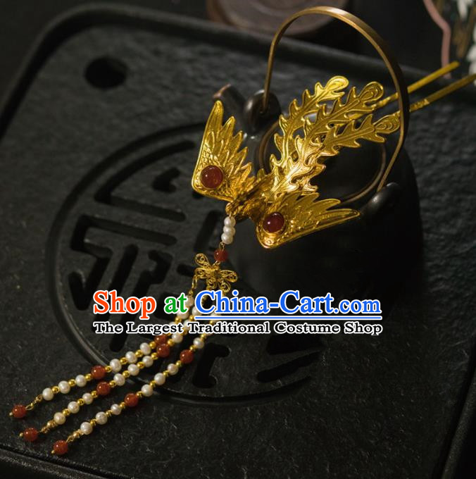 Chinese Ancient Princess Golden Phoenix Tassel Hairpins Traditional Handmade Hanfu Hair Accessories for Women