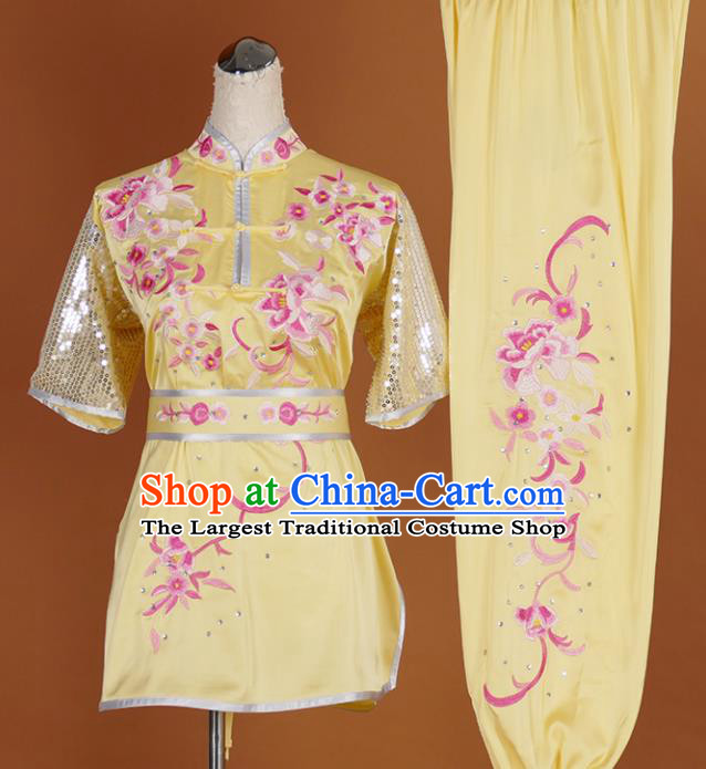Chinese Traditional Best Martial Arts Embroidered Peony Yellow Costume Kung Fu Competition Tai Chi Clothing for Women