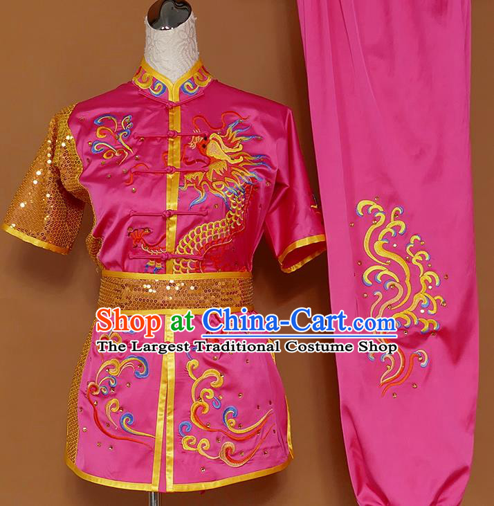 Best Martial Arts Competition Embroidered Dragon Rosy Uniforms Chinese Traditional Kung Fu Tai Chi Training Costume for Men