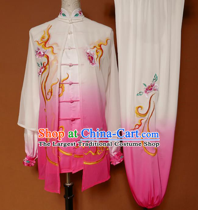Chinese Traditional Best Martial Arts Embroidered Peony Rosy Costume Kung Fu Competition Tai Chi Clothing for Women