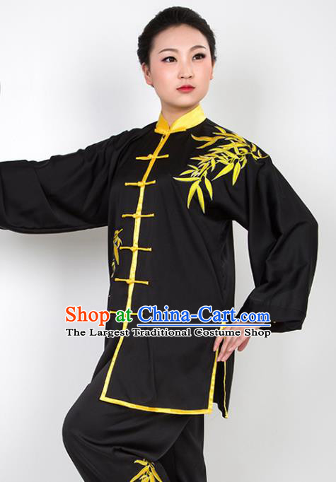Chinese Traditional Martial Arts Embroidered Bamboo Black Costume Best Kung Fu Competition Tai Chi Training Clothing for Women
