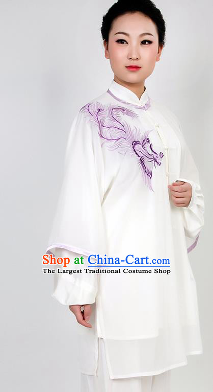 Chinese Traditional Martial Arts Embroidered Phoenix White Costume Best Kung Fu Competition Tai Chi Training Clothing for Women