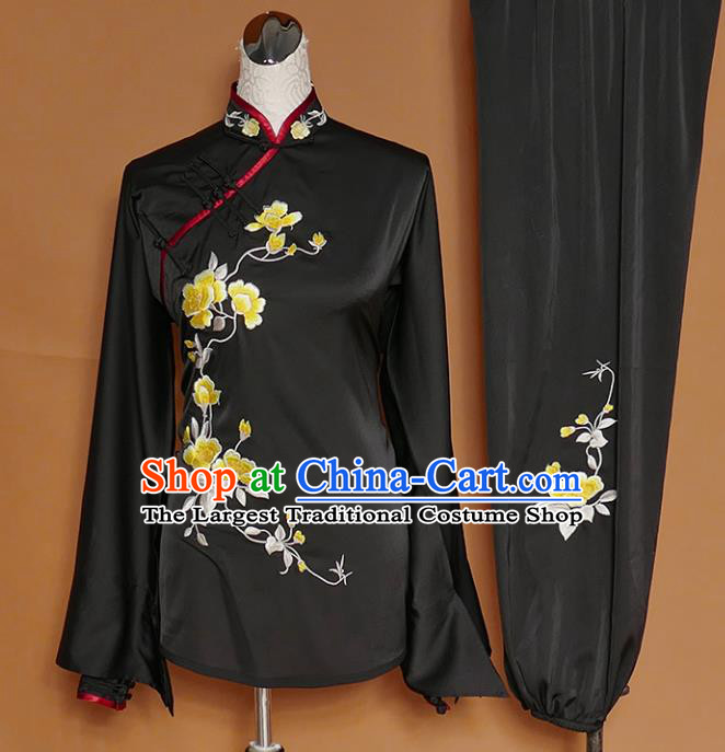 Chinese Traditional Best Martial Arts Embroidered Peony Black Costume Kung Fu Competition Tai Chi Clothing for Women
