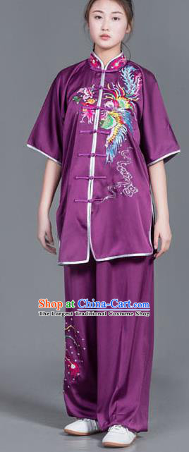 Chinese Martial Arts Competition Embroidered Phoenix Purple Uniforms Traditional Kung Fu Tai Chi Training Costume for Men