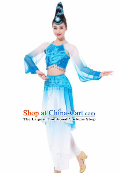 Chinese Spring Festival Gala Folk Dance Blue Dress Traditional Classical Dance Costume for Women