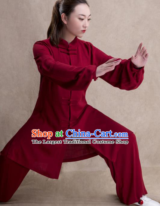 Chinese Traditional Martial Arts Competition Wine Red Costume Kung Fu Tai Chi Training Clothing for Women