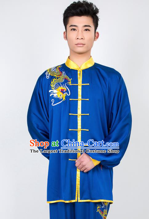 Chinese Traditional Martial Arts Competition Embroidered Dragon Blue Costume Kung Fu Tai Chi Training Clothing for Men