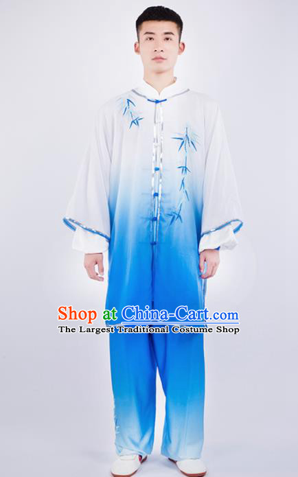 Chinese Traditional Martial Arts Competition Embroidered Bamboo Blue Costume Kung Fu Tai Chi Training Clothing for Men