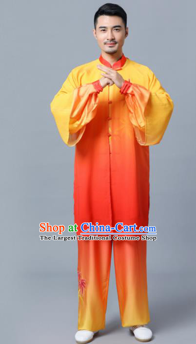 Traditional Chinese Martial Arts Competition Embroidered Bamboo Orange Uniforms Kung Fu Tai Chi Training Costume for Men