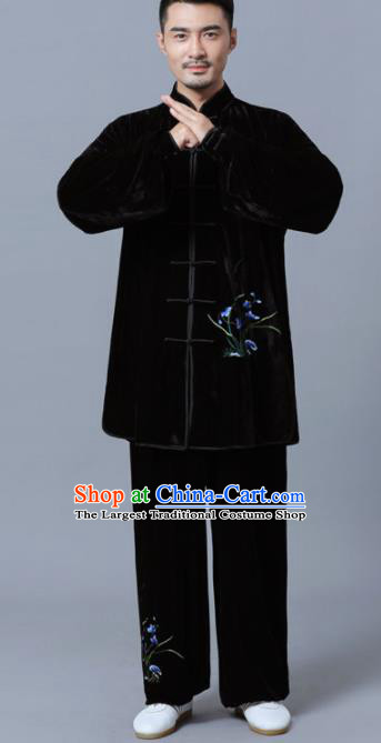 Traditional Chinese Martial Arts Competition Printing Orchid Black Velvet Uniforms Kung Fu Tai Chi Training Costume for Men