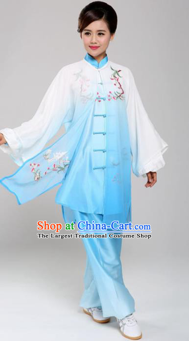Professional Martial Arts Embroidered Magnolia Blue Costume Chinese Traditional Kung Fu Competition Tai Chi Clothing for Women