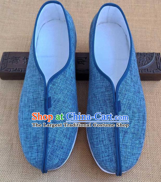Traditional Chinese Cloth Shoes Handmade Multi Layered Shoes Martial Arts Blue Linen Shoes for Men