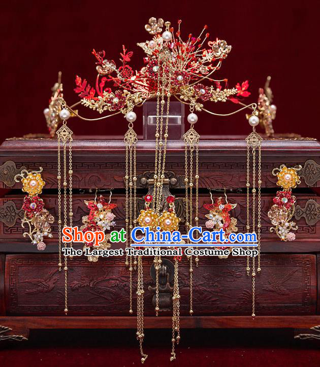 Top Chinese Traditional Bride Red Flowers Hair Crown Handmade Wedding Tassel Hairpins Hair Accessories Complete Set