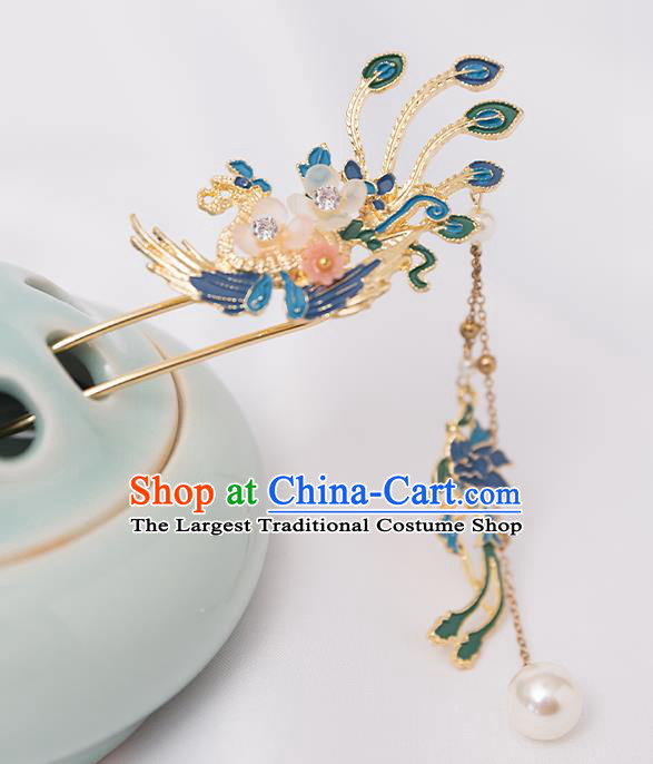 Top Chinese Traditional Blue Phoenix Hair Clip Handmade Hanfu Tassel Hairpins Hair Accessories for Women